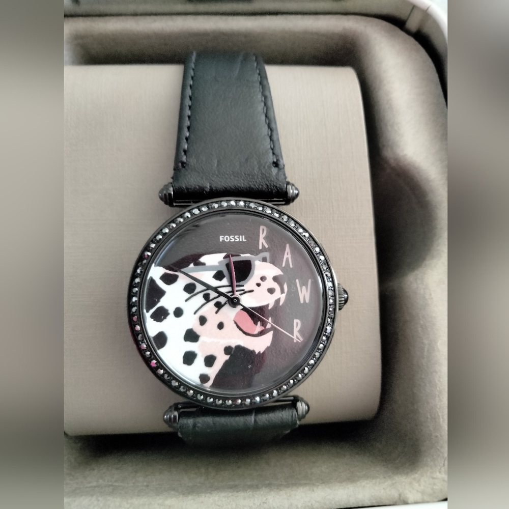 Fossil lyric black leather strap rawr watch pink cat leopard